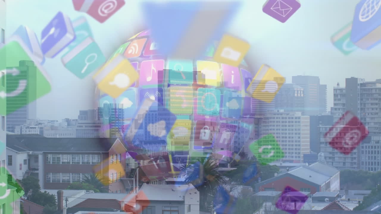 Smart city connectivity being visualized over urban rooftop skyline, showing 3D app icon globe grid