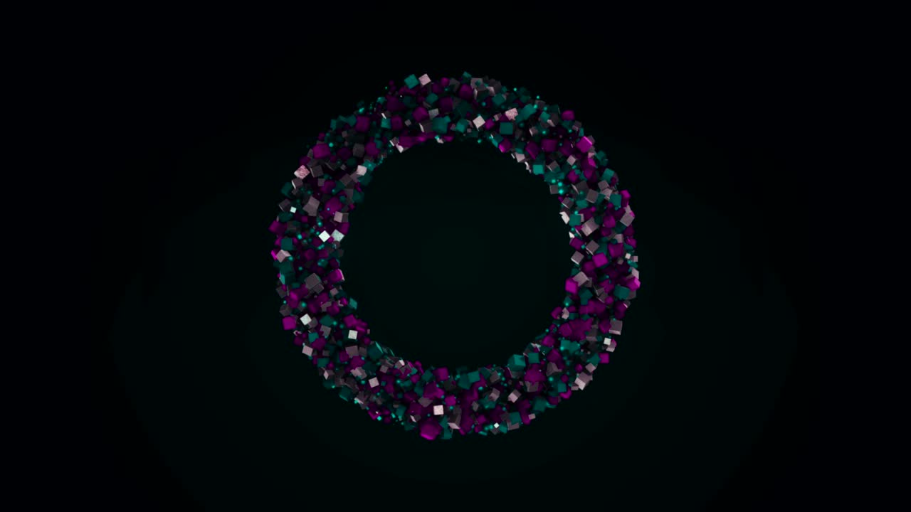 추상적인 3d 링은 검은 바탕에 고립되어 날아가는 작은 입자들에 의해 만들어집니다.