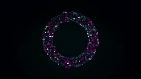 anillo 3d abstracto creado por pequeñas partículas pequeñas que vuelan lejos aisladas en fondo negro. animación. cuadrados coloridos que se mueven en todos los lados