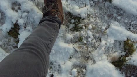 slomo hiking in snow field with green grass