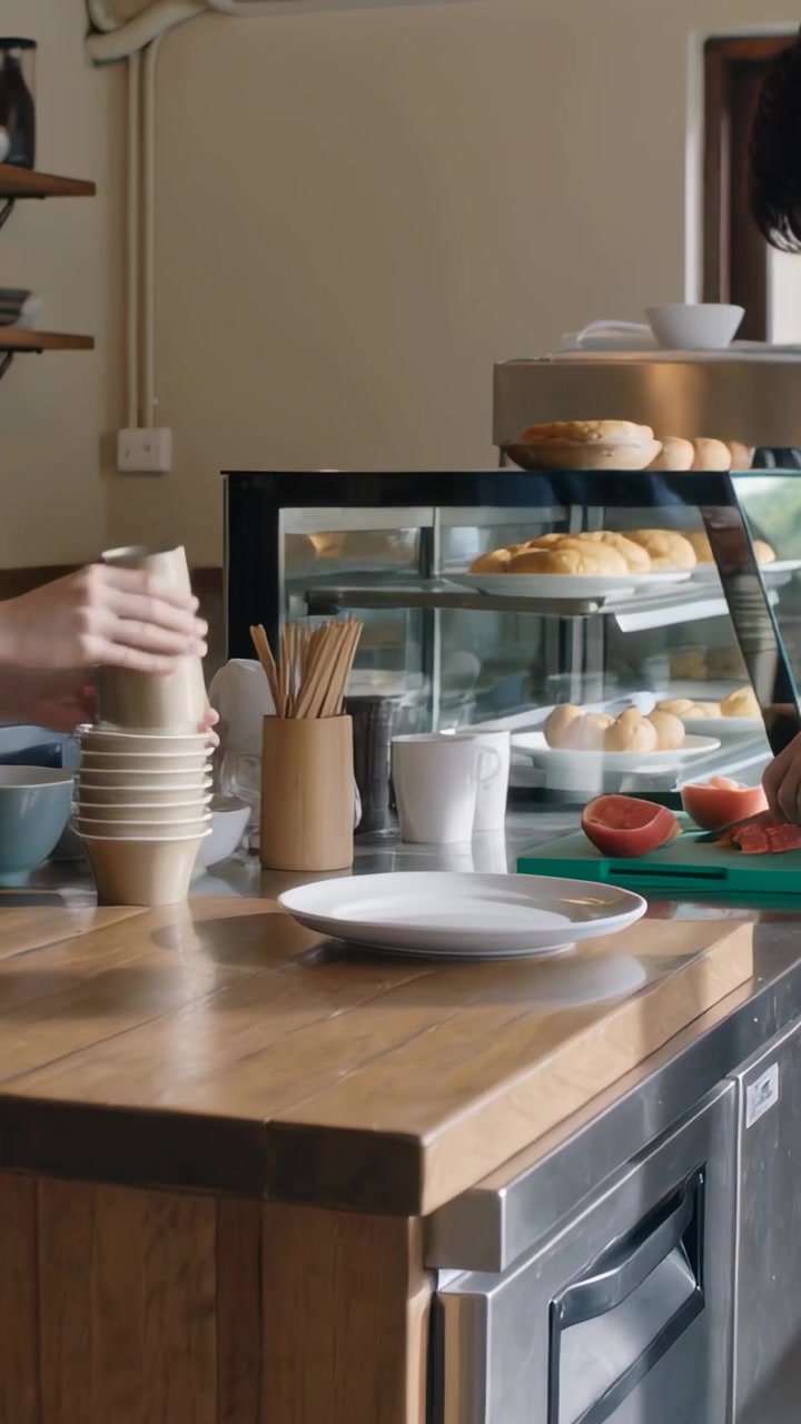 Video verticale: Apertura di un caffè con due membri del personale in grembiule che puliscono vicino alla vetrina dei dolci, impilano tazze e affettano pomodori.