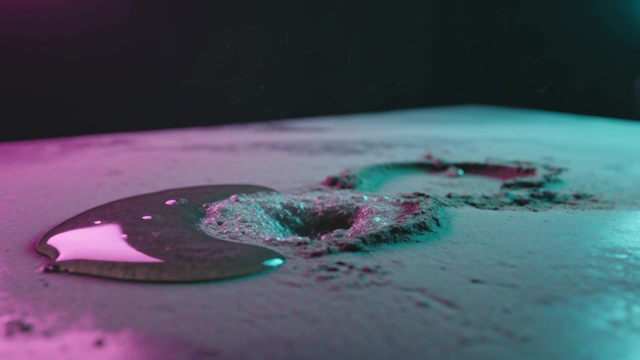 Dropping pipet droplet hitting table forming crater and spraying puddle with rim lights for testing