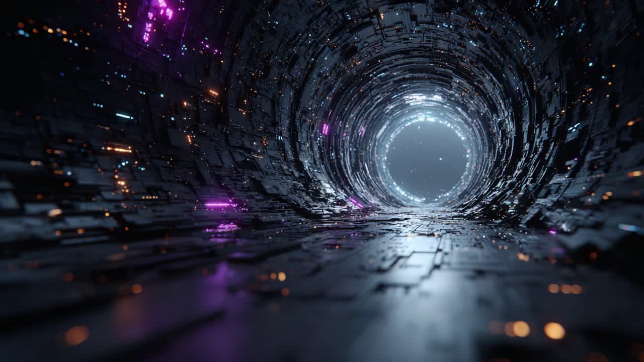 A Journey Through a Futuristic Tunnel of Light: Experience the Depths of a Virtual Reality Realm Filled with Electric Colors and Technological Wonders