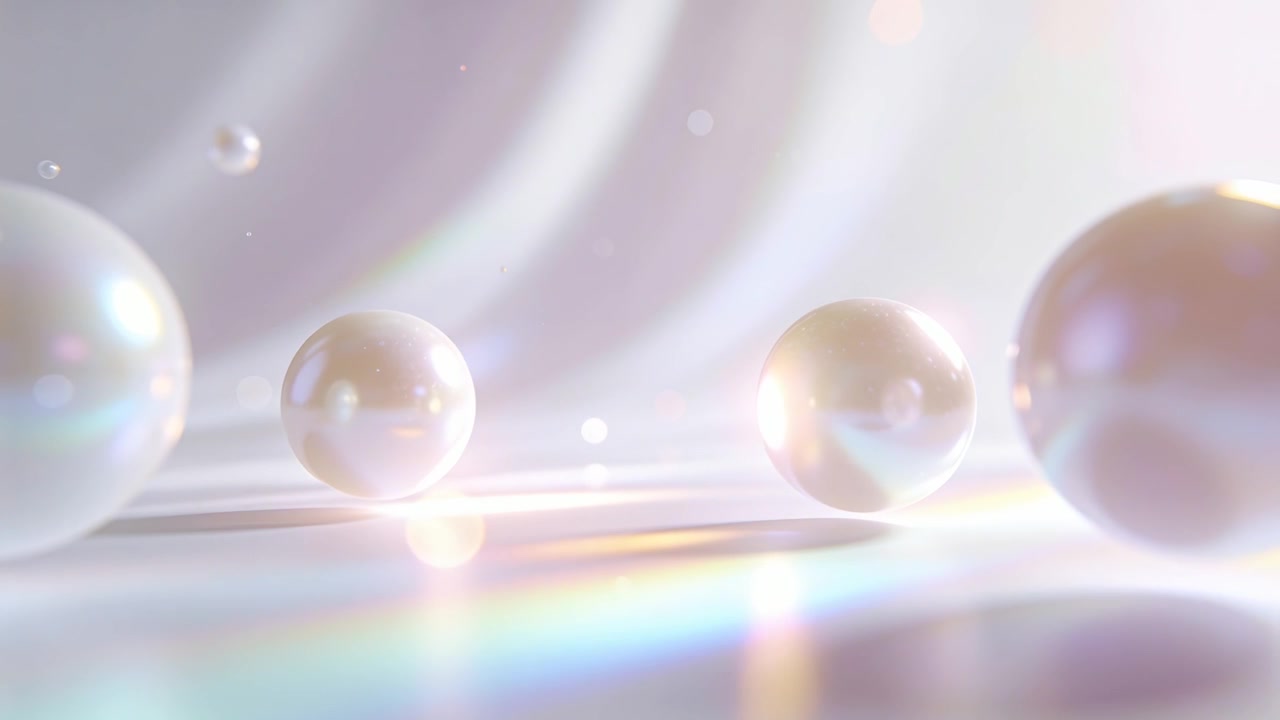 Luce cangiante che proietta una banda prismatica su un tavolo lucido, creando un tenue scintillio su tre perle.