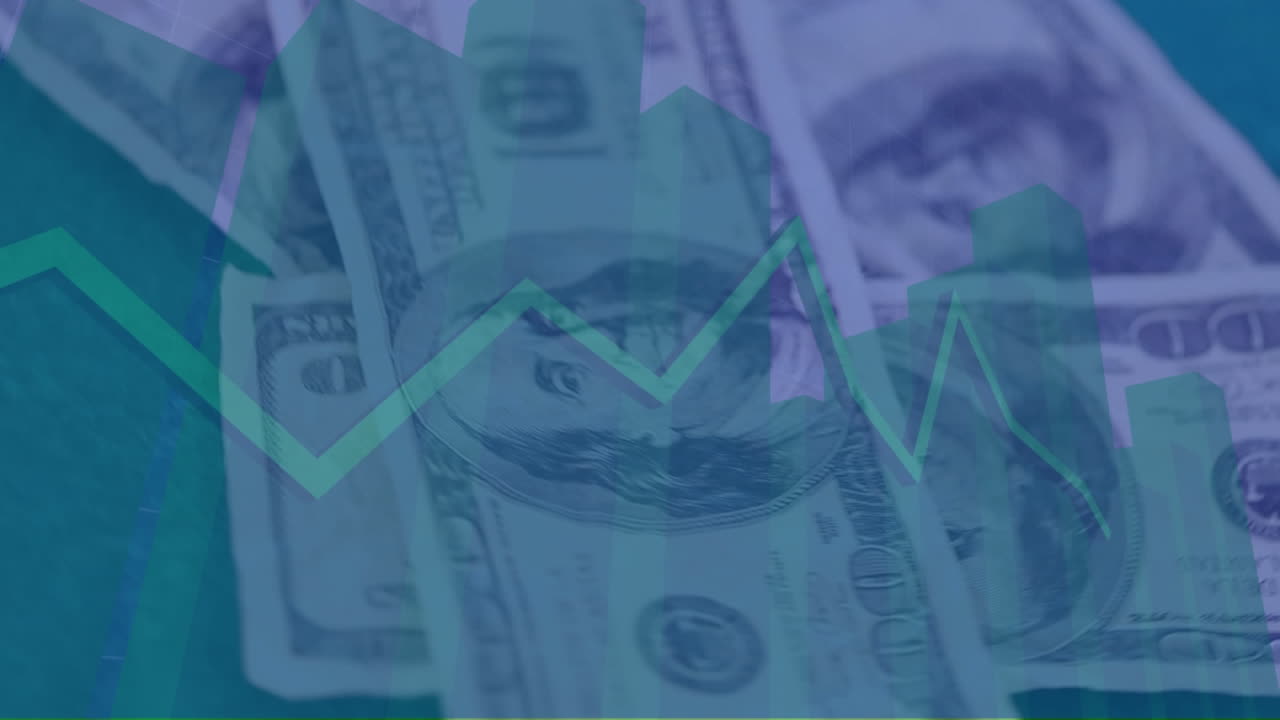 animación del procesamiento de datos financieros sobre billetes de dólares estadounidenses girando