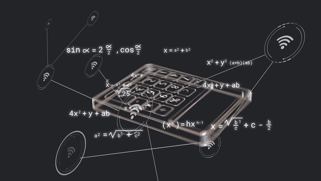 On load clear 3D calculator rotating, WiFi nodes emerging, formulas forming to show math network