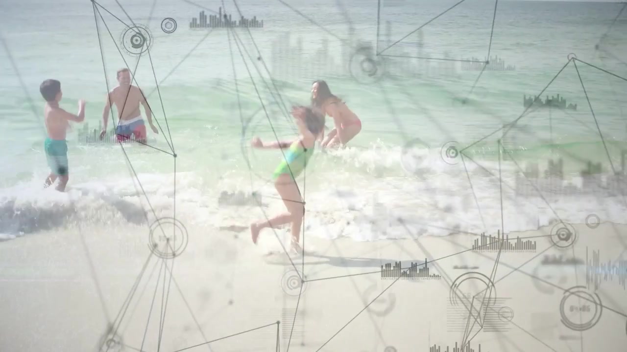 Family of four running into surf after shoreline arrival for play, tech HUD nodes tracking motion