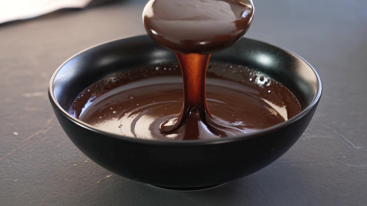 Una mano che solleva un cucchiaio, lasciando gocciolare cioccolato fondente e creando uno schizzo in una ciotola nera sul bancone.