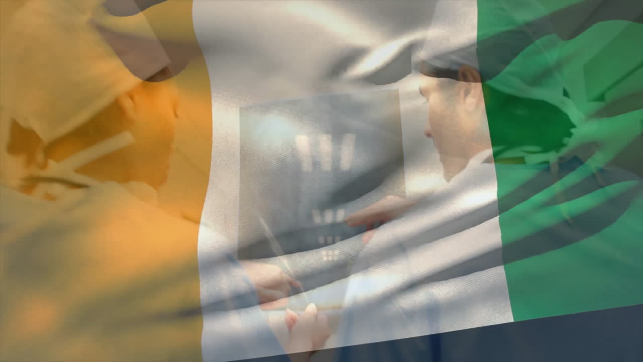 Examining X-ray, doctors with Irish flag animation waving in background
