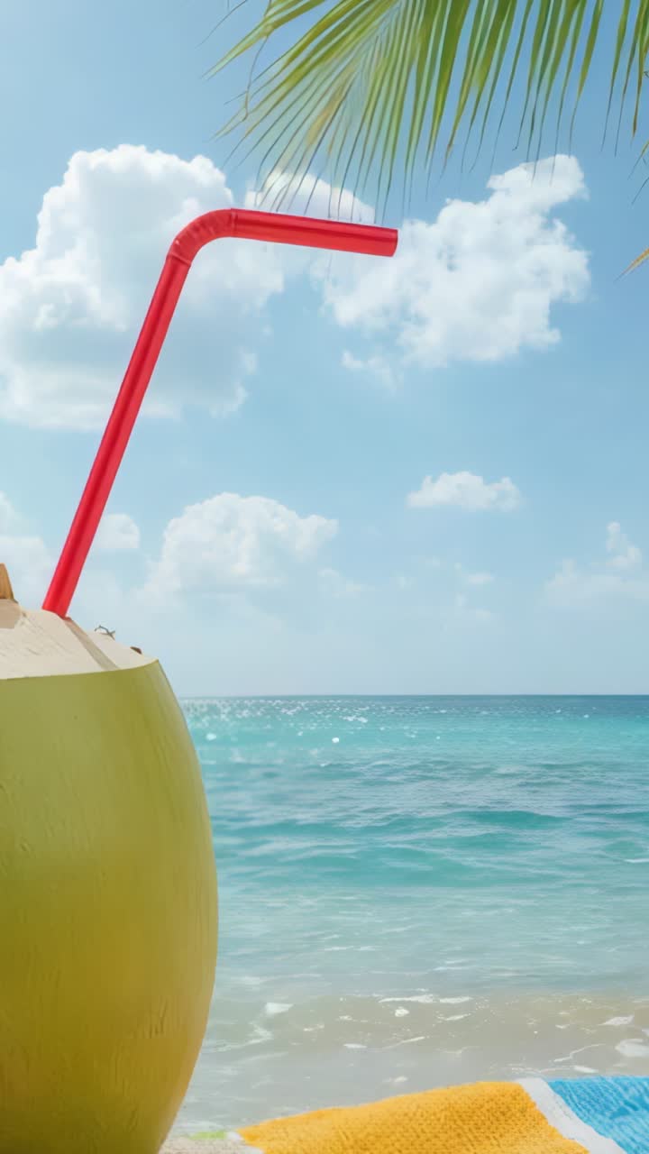 Vertical video: Advancing waves lapping at coconut with straw on beach, with towel and palm frond
