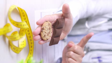 Vertical-video-of-nutritionist-showing-in-his-hand-chocolate-bar-and-cookie,-healthy-diet-concept