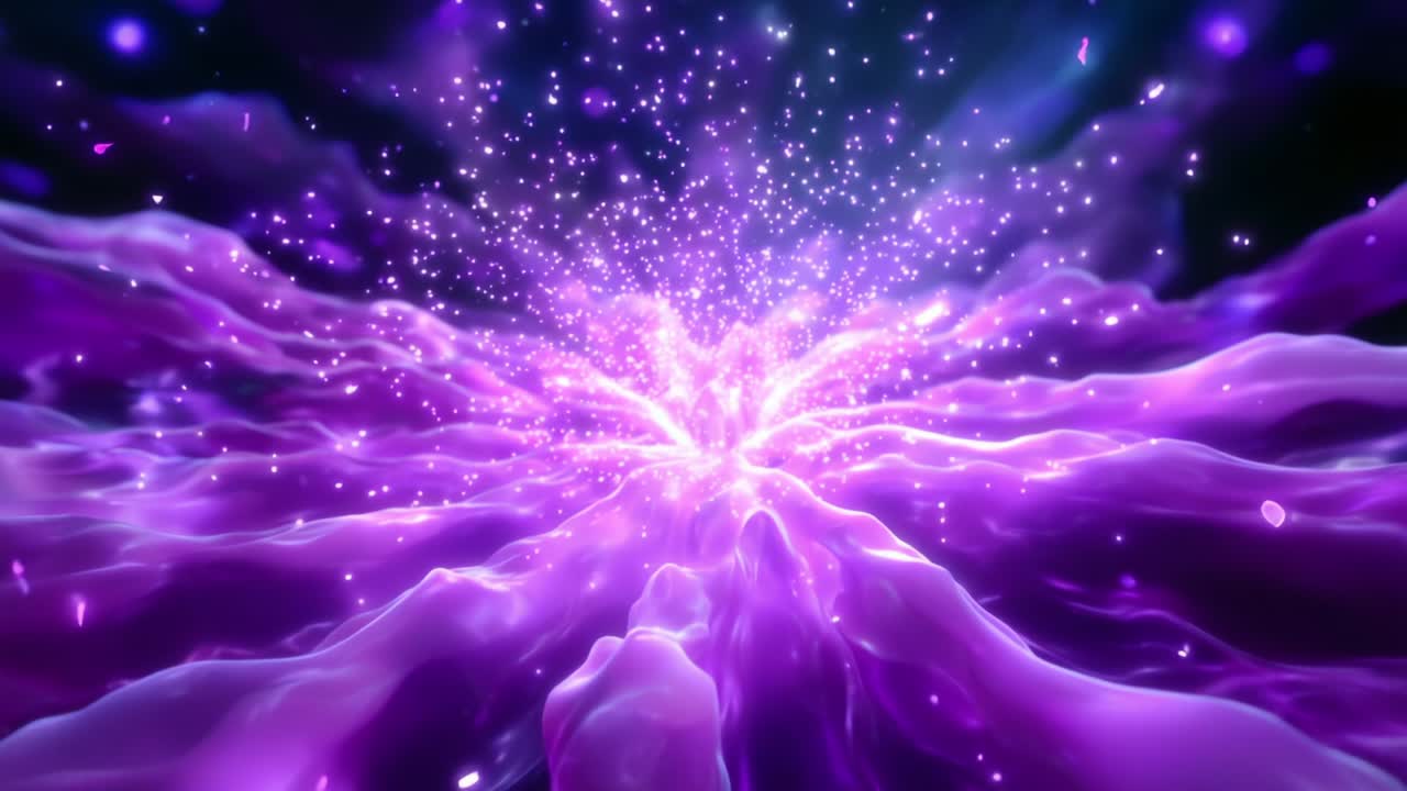 A mesmerizing cosmic burst emerges from a vibrant purple nebula, shimmering with countless stars. Beams of light radiate outward, creating an enchanting scene of galactic wonder and celestial beauty