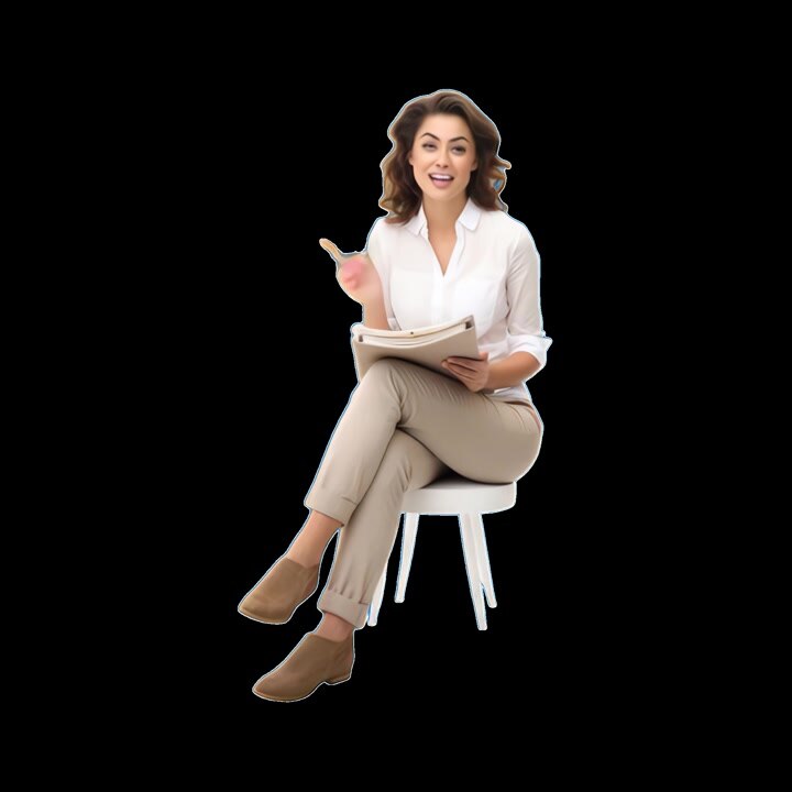 Professional Woman Sitting and Talking While Holding a Clipboard