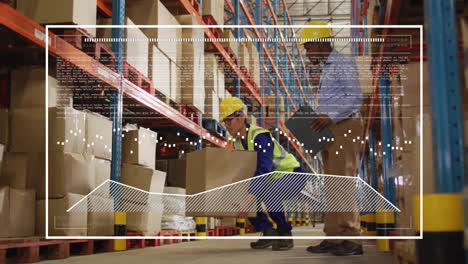 handling boxes in warehouse, workers with data processing animation overlay