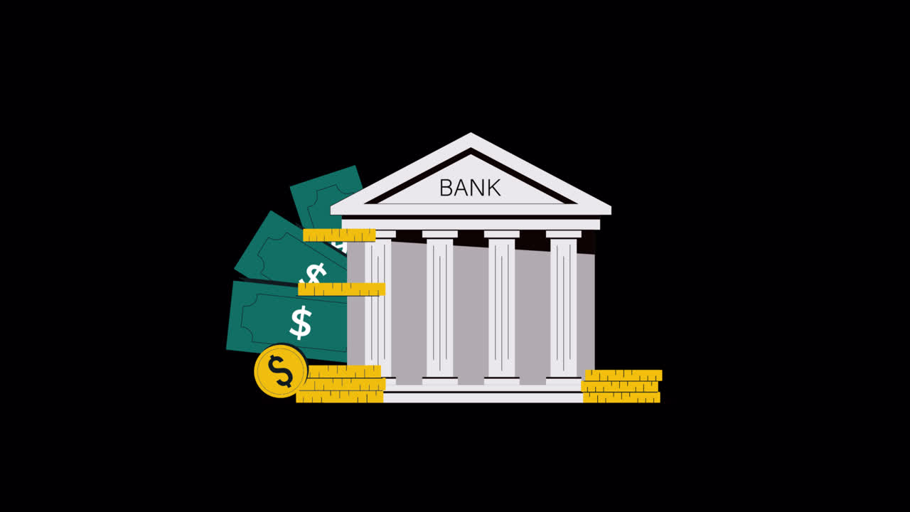 Animiertes Bankgebäude mit Dollarnoten und Münzen