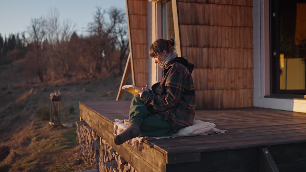 Woman writing on cabin deck in autumn