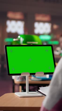 vertical video college student looks at isolated chroma key screen at the campus library