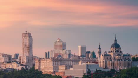 close-up-detail-day-to-night-timelapse-of-Madrid-historical-skyline-beautiful-light-and-sunset-Almudena-cathedral,-Royal-Palace-and-Plaza-España-buildings