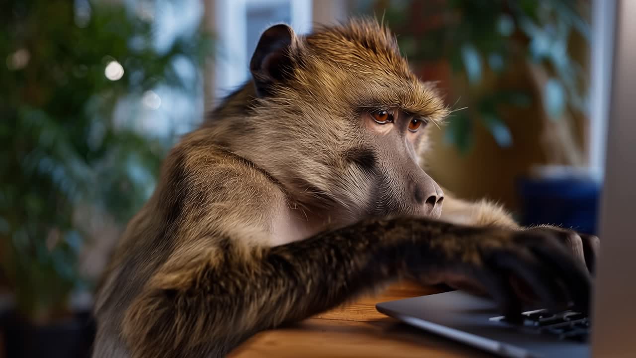 Abe hviler på skrivebord, hænder på tastaturet. Den kigger på skærmen, fokuseret og eftertænksom. Baggrunden sløret med grønt og blødt lys. Ideel til humor, arbejde eller tech-relaterede koncepter