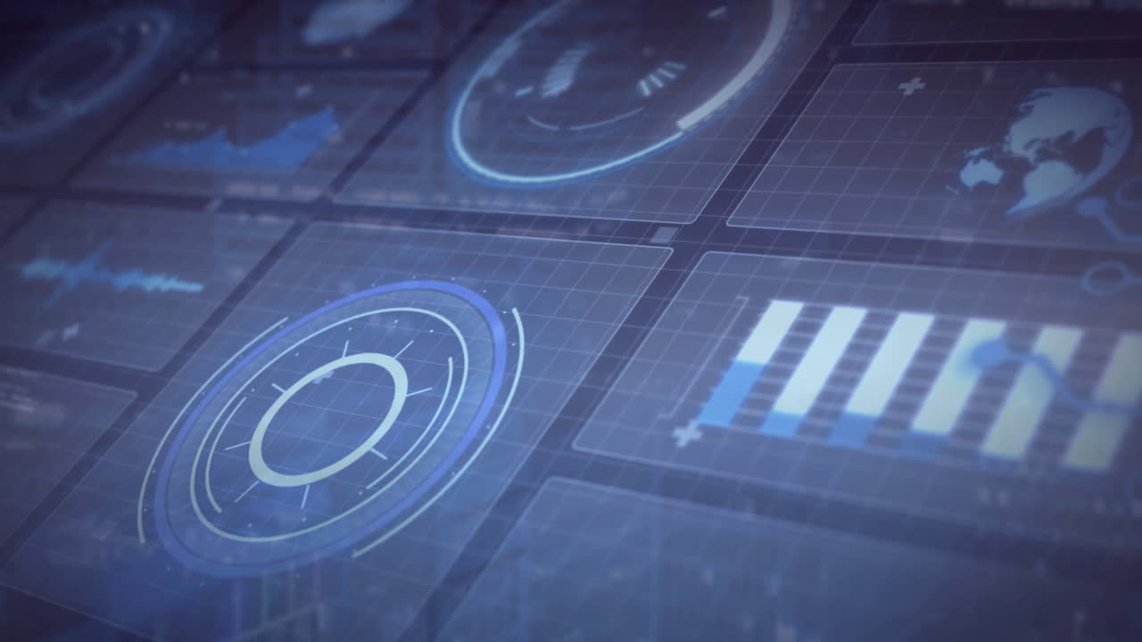 Digital data charts and graphs animation over blue grid background