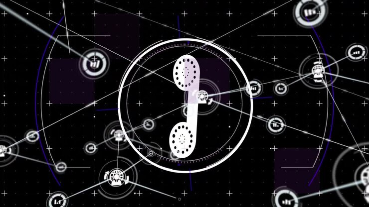 Animation of digital phone and statistics icons and data processing over black background