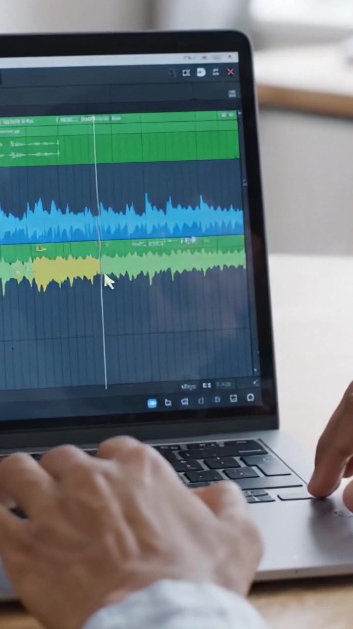 A Close-Up View of Hands Engaged in Audio Editing on a Laptop, Featuring Waveform Analysis and Creative Sound Manipulation in a Modern Workspace Environment