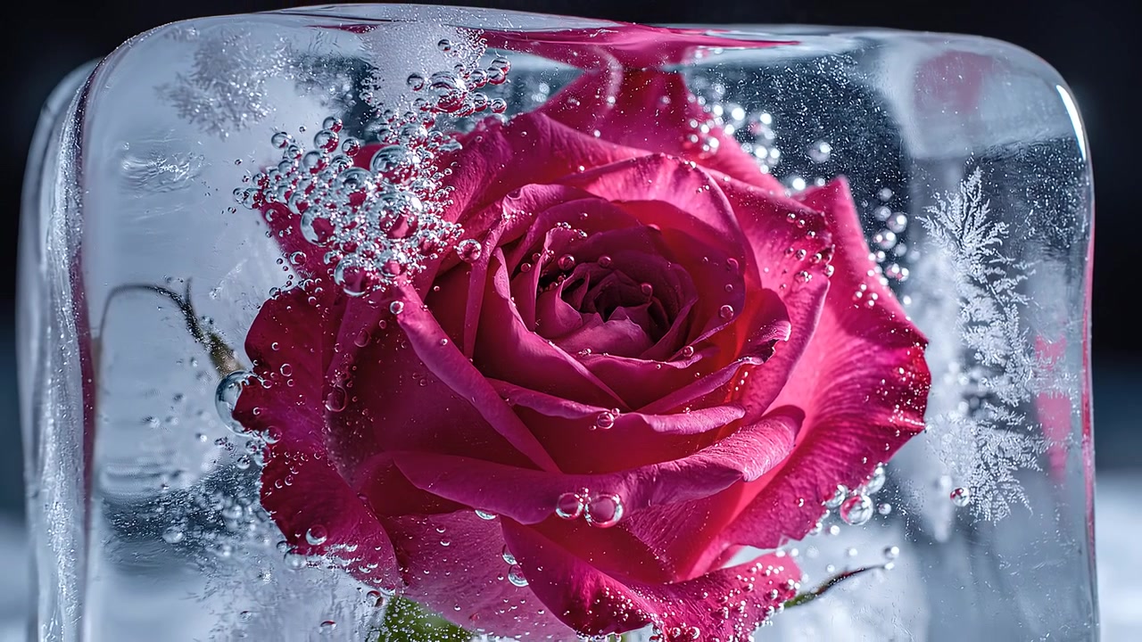 Close-up van een roze roos bevroren in een helder ijsblok