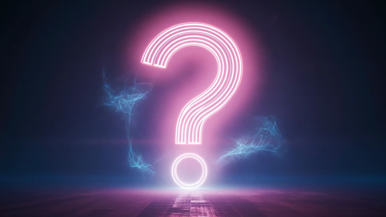 Materializing neon pink question mark hovering on virtual stage with metallic floor and blue energy