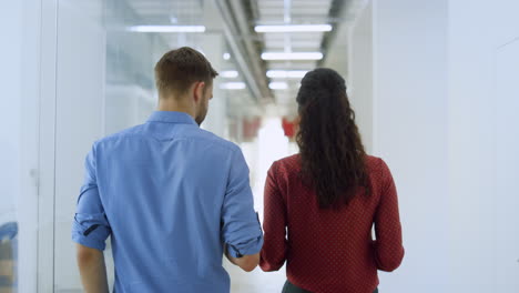 Back-view-colleagues-talking-while-walking-office.-Creative-people-discussing.