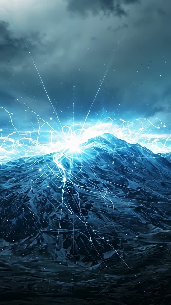 Vertical video: Emerging cyan surge riding horizon wave crest, sending arcs and sparks