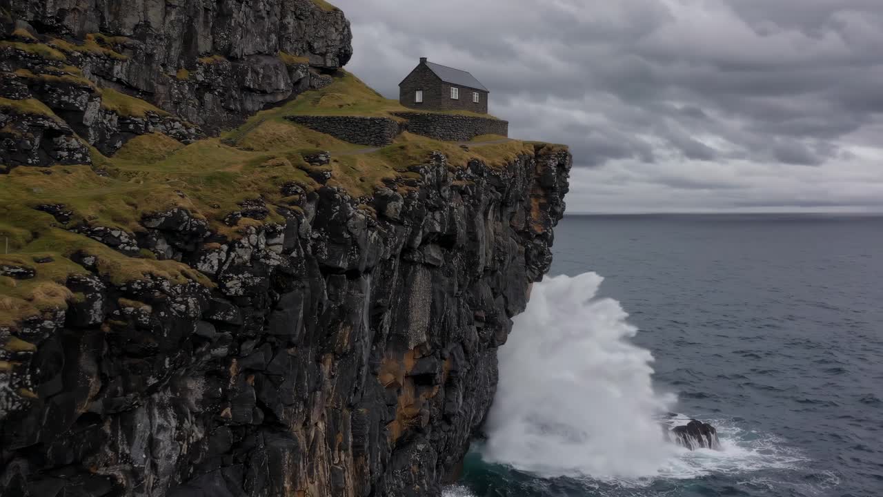 Kallur lighthouse is standing on a cliff overlooking powerful ocean waves crashing against the rocks below, with a dramatic cloudy sky above in the Faroe Islands