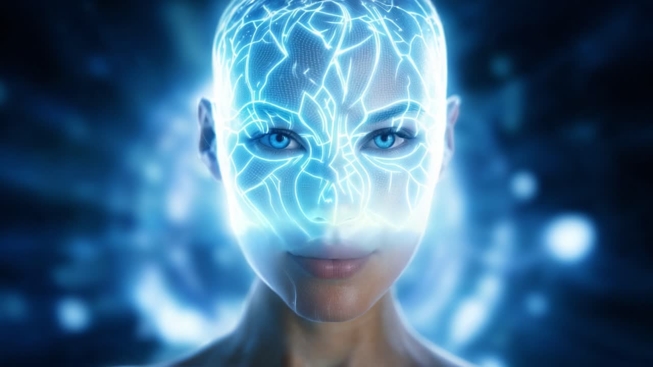 Figura umanoide futuristica con circuiti luminosi e sguardo accattivante, che mostra tecnologia avanzata ed estetica digitale in un affascinante ambiente cibernetico