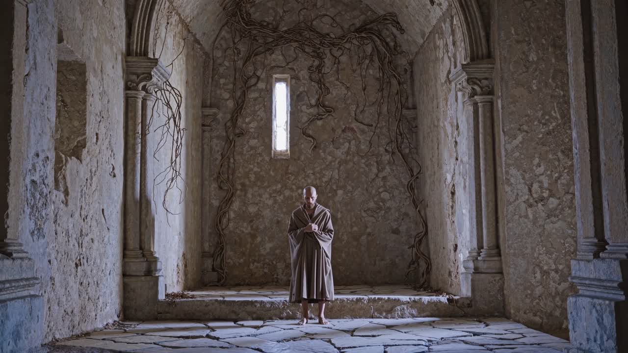 Monk in serene meditation within an ancient stone chamber, surrounded by textured walls and natural elements, embodying tranquility and introspection