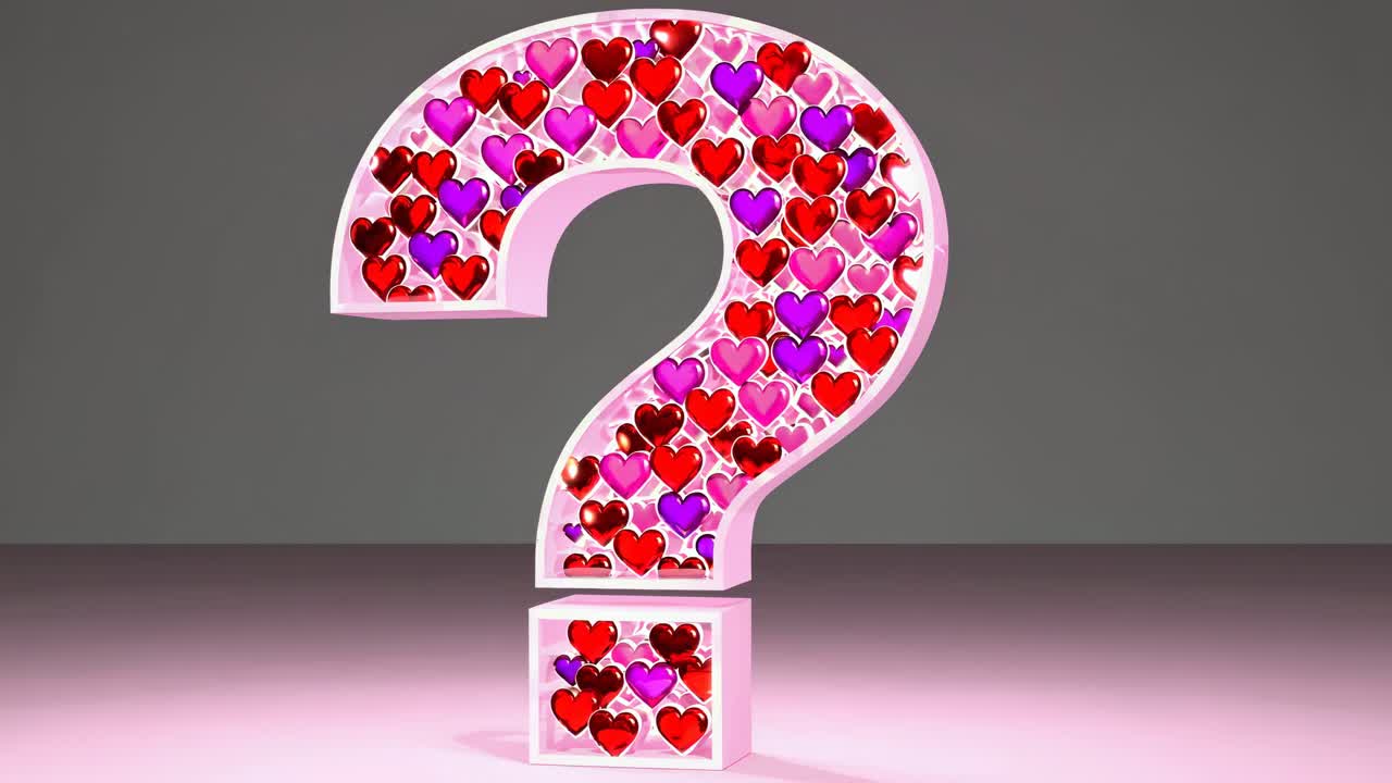 signo de interrogación rosado con corazones
