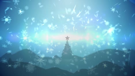 animation of christmas tree over snowflakes falling on blue background