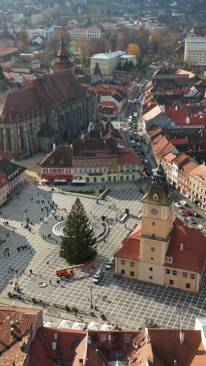 Ripresa aerea con drone dell'installazione dell'albero di Natale nella Piazza del Consiglio nel centro storico di Brasov, Romania. Verticale