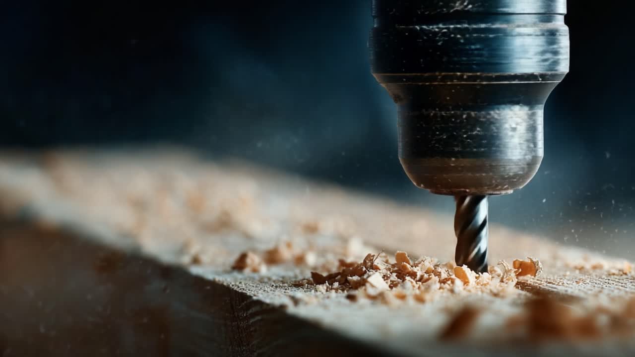 Dynamische Nahaufnahme eines arbeitenden Bohrers, der Holzspäne erzeugt, während er durch ein Holzstück bohrt, und die Energie präziser Handwerkskunst einfängt