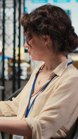vertical video woman employee using ai machine learning for efficiency recognition