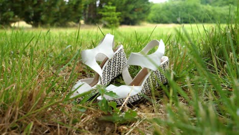 slow establishing shot of wedding shoes sitting in a green meadow in france