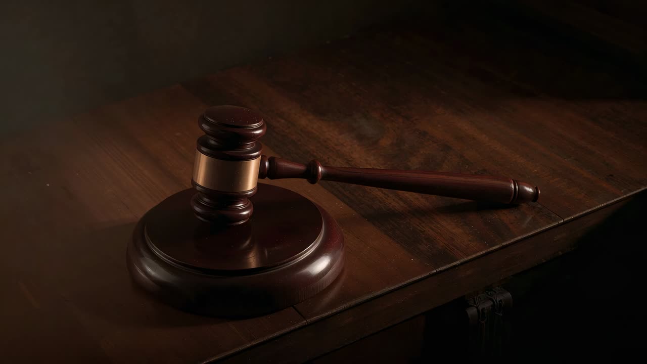 Camera panning framing wooden judge gavel resting on sound block on judge desk, showing brass band