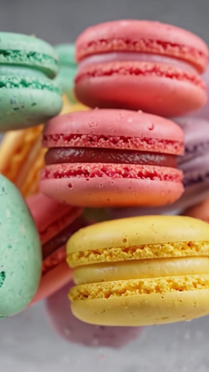 A Delicious Array of Colorful Macarons: Vibrant Pastries and Intricate Textures in a Sweet Display of Gourmet Confections