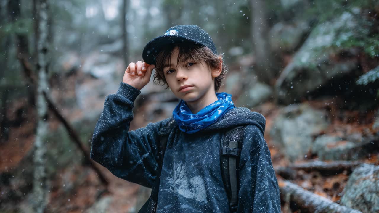 A Young Adventurer Pauses in the Rainy Forest, Wearing a Cap and Scarf, Capturing the Serene Beauty of Nature Amidst a Misty Mountain Landscape