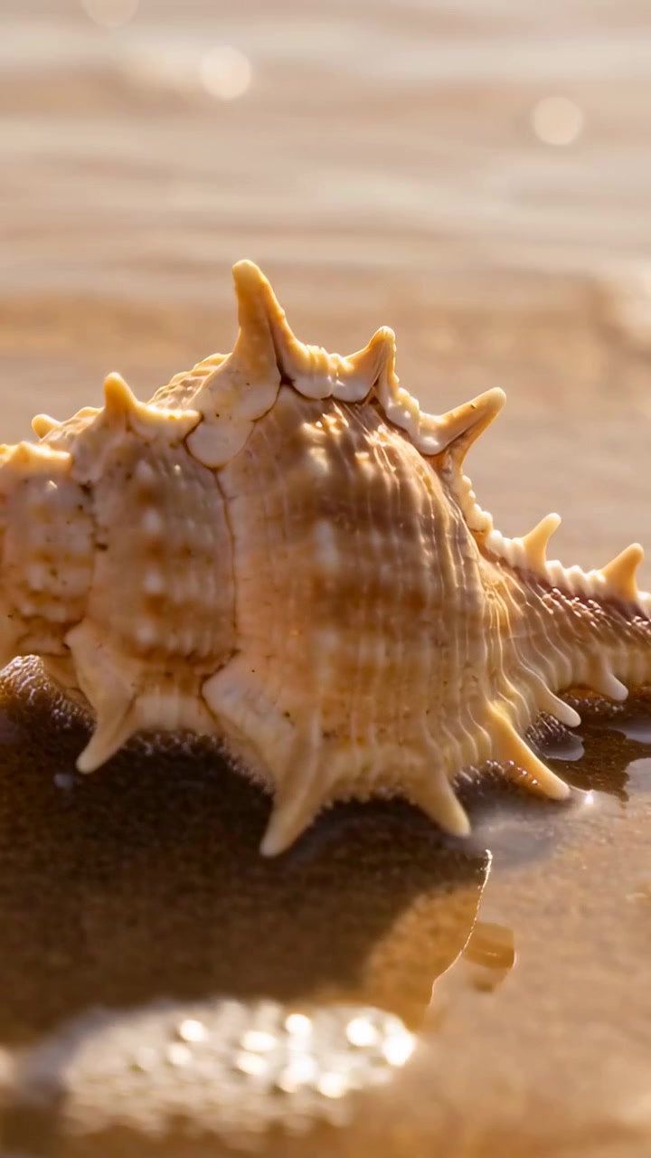 Vertical video: Spiny shell resting on wet sand at shore, ripple washing around it, leaving glossy