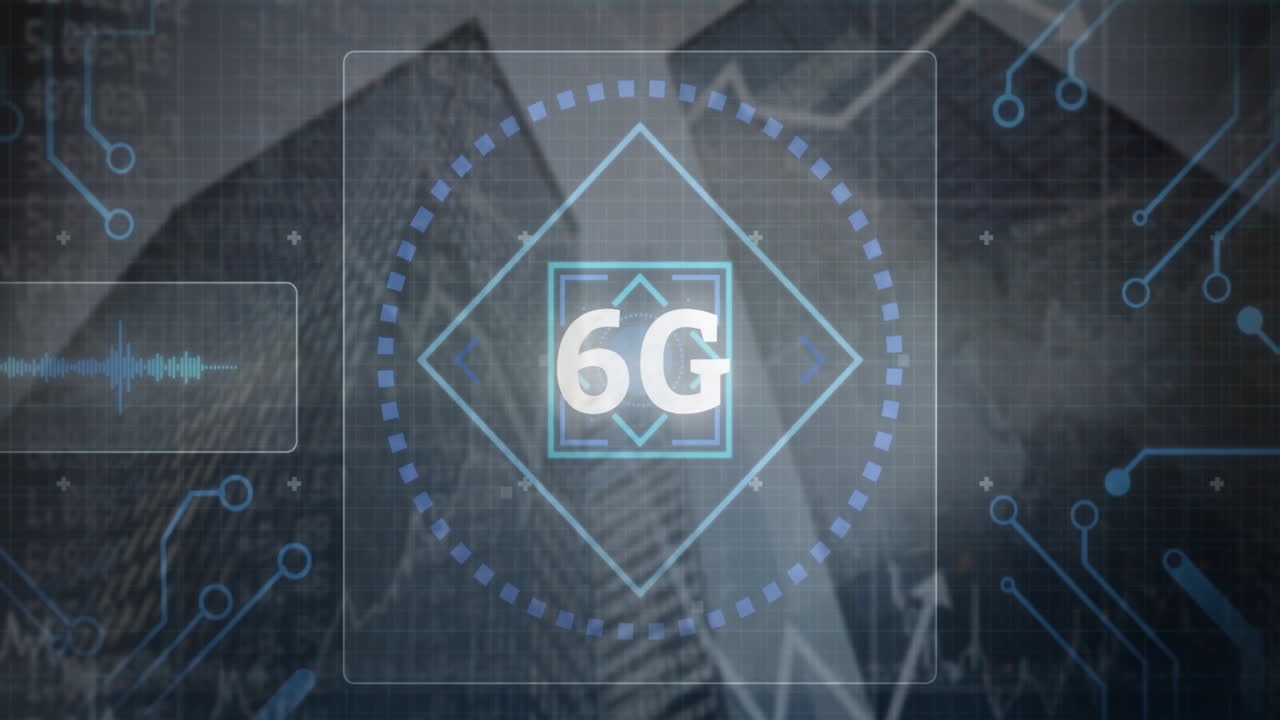 6G technology animation over skyscrapers and digital data visualization