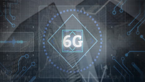 6g technology animation over skyscrapers and digital data visualization