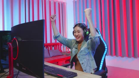 Asian Girl Gamer Celebrates Victory Video Game