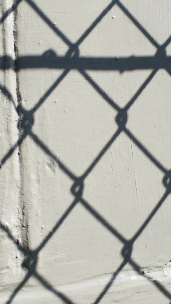 Vertical video: Casting sunlight creating chain-link fence shadow on painted wall, showing seam