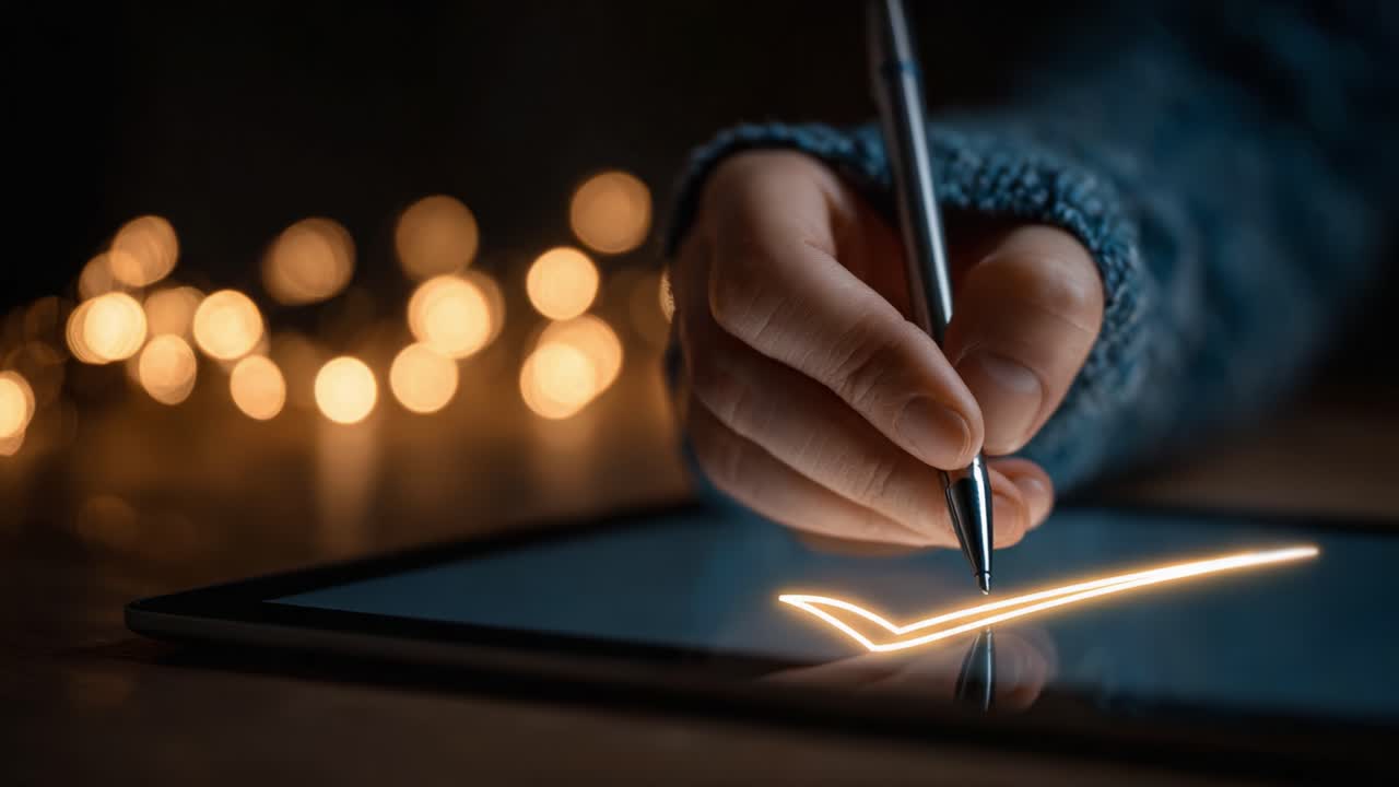 Capturing the Essence of Digital Creativity: A Hand Skillfully Sketches a Glowing Checkmark on a Tablet Against a Background of Soft, Twinkling Lights