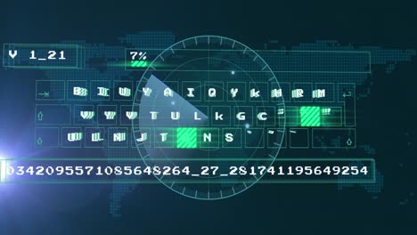 Animation-of-round-scanner-scanning-over-data-processing-against-world-map-on-blue-background