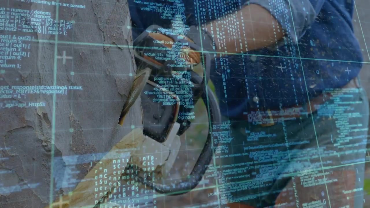 Man contractor pressing drill into wall, removing plaster for repair while blue grid overlaying